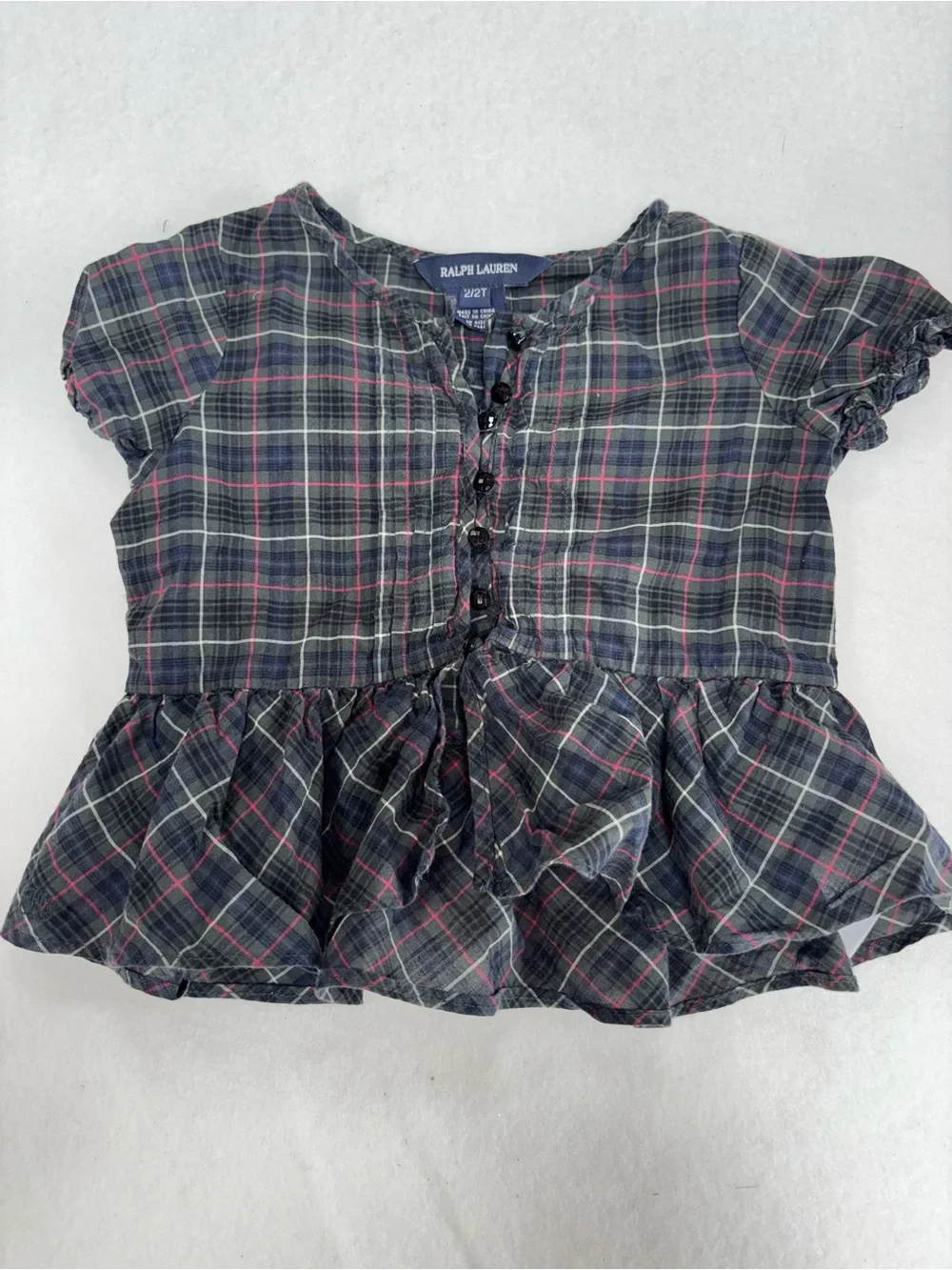 Ralph Lauren Navy Plaid Peplum Button-Up Top with Pink Accents